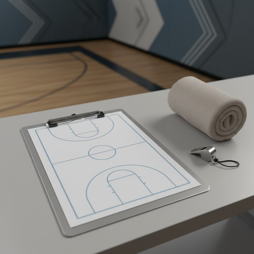 A streamlined clipboard with a fresh, crisp diagram of a full basketball court drawn in light blue and gray ink on a glossy sheet of white paper, placed on a clean, uncluttered gray bench beside a neatly rolled neutral-toned sweat towel and a minimalist stainless steel whistle. The surrounding environment shows a calm, structured gym with subtle ambient lighting and faint wall graphics in corporate tones. The lighting is soft and directional, casting faint, orderly shadows from clipboard edges and gently illuminating surface details. The mood is composed and methodical, supporting the concept of preparation and strategic planning. Shot from a flat-lay, bird’s eye perspective, the scene is arranged with precise lines and geometric balance, embodying a professional, structured photographic style suitable for a youth training program emphasizing organized growth.
