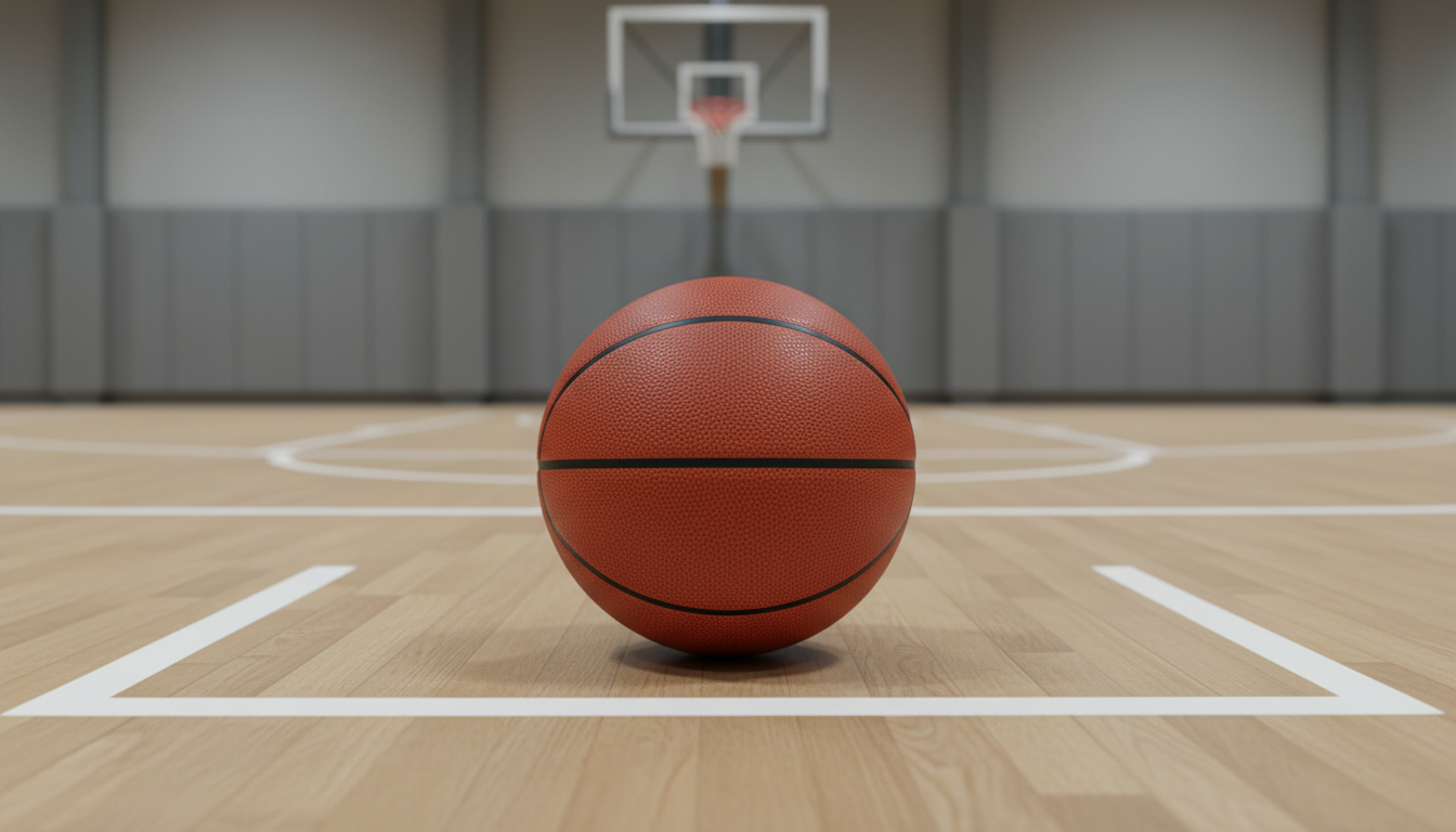 A pristine basketball with textured, deep-orange pebbled leather surface and distinct black channels, resting atop a polished wooden court marked by crisp, clean white boundary lines. The setting features a minimalist gymnasium backdrop with neutral-toned padded walls and a sleek, metallic hoop in the blurred distance. Soft, cool overhead lighting evenly illuminates the court, highlighting subtle wood grain reflections and casting gentle, symmetrical shadows beneath the ball. The mood is focused and professional, evoking discipline and preparation. Captured from a centered, slightly elevated angle with a shallow depth of field, the composition exudes balance, order, and a sense of readiness. The style is photographic realism with a corporate, structured aesthetic, perfectly aligning with a youth basketball training program’s emphasis on precision and preparation.