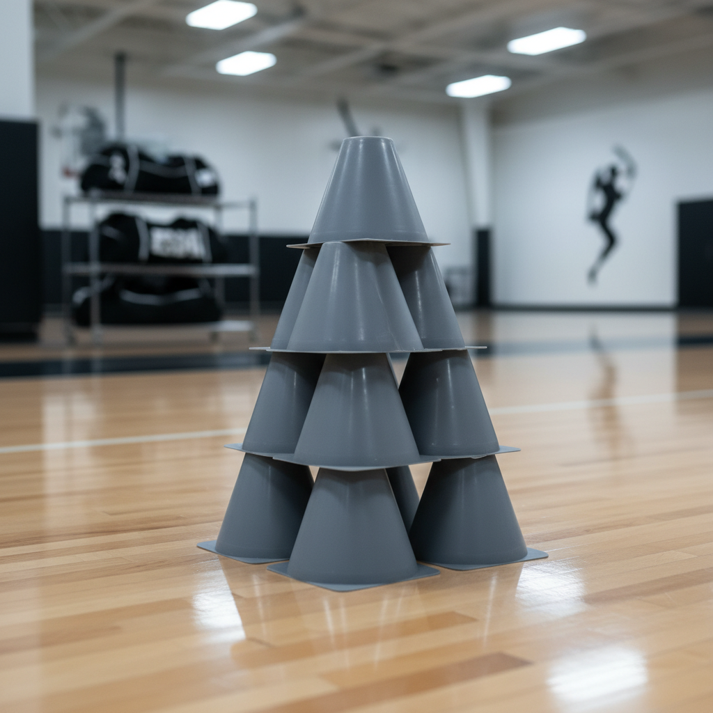 A neatly arranged set of minimalist sports training cones in smooth matte gray plastic, stacked methodically atop an unmarked section of light varnished hardwood court. The background reveals subtle out-of-focus elements: a geometric storage rack and monochrome wall decals, all in neutral hues. Overhead gym lights cast gentle, even light over the scene, producing soft-edged, uniform shadows and clear, crisp reflections on the cones and floor. The mood is organized and serene, embodying the structured approach of basketball practice. This image is viewed from a slightly high, three-quarter angle, utilizing centered composition with balanced negative space. The photographic realism and clean, consistent aesthetic echo the discipline and preparedness central to the site’s mission.