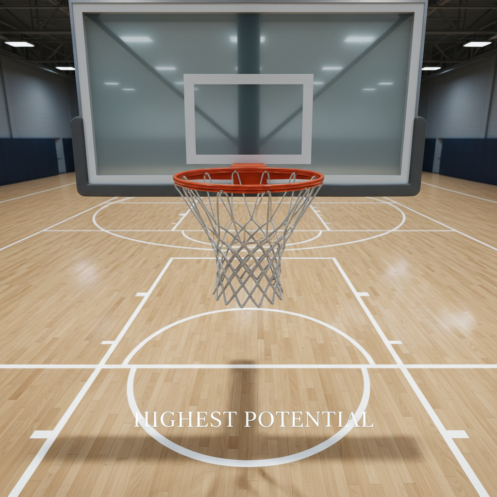 An immaculate basketball hoop with a polished steel rim and tightly woven neutral-white nylon net, mounted against a matte-finished, rectangular glass backboard with sleek, minimal mounting brackets. The hoop stands prominently over an empty, vividly detailed hardwood court marked by precise, unfaded white key lines. The setting is a well-lit gym with cool, balanced overhead lighting, producing subtle highlights on the rim and faint, symmetric shadows cast downward. The atmosphere evokes focus and aspiration, emblematic of goal-setting and achievement. Photographed from a low, slightly off-center upward angle for a bold, aspirational effect, the image features sharp focus throughout with clean composition and corporate minimalism, directly supporting the program’s ethos of reaching one’s highest potential.